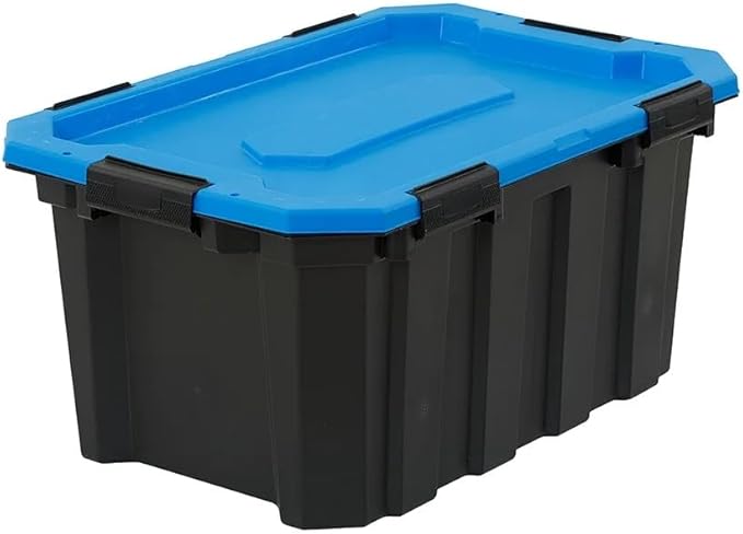 24 Gallon Heavy Duty Water Resistant Storage Bin, Large Plastic Latching Tote with Blue Lid & Black Base, Stackable Container for Garage, Basement & Home Organization