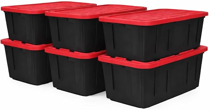 6 Pack, 27 Gallon Large Storage Bin with Snap Lid, Heavy Duty Plastic Storage Container, Black and Red