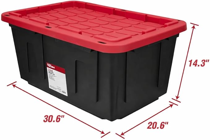 6 Pack, 27 Gallon Large Storage Bin with Snap Lid, Heavy Duty Plastic Storage Container, Black and Red
