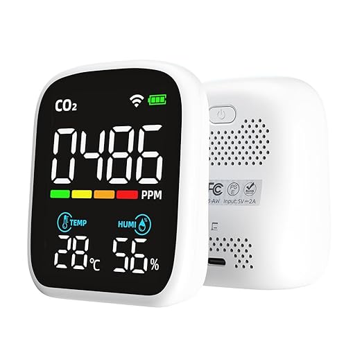 Smart Air Quality Monitor with CO2, WiFi, Temperature & Humidity Sensors,LED Display with Raise to Wake,New Upgraded Alarm Clock Function, Air Quality Tester for Bedroom, Smart Home