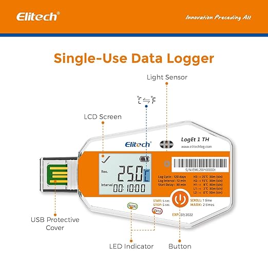 Elitech WHO PQS Certificated 5 Pack 120 Days Temperature Humidity Data Logger with Light Sensor Single-Use Cold Chain Monitor (CCM) Temperature Recorder with PDF Report 16000 Points LogEt1-TH