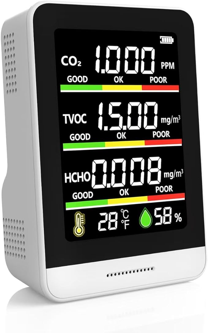 Air Quality Monitor Indoor,8-in-1 Smart Air Quality Tester with CO2, TVOC, HCHO, AQI, Temperature & Humidity, Real Time Display, Battery Powered, for Home & Office (White)