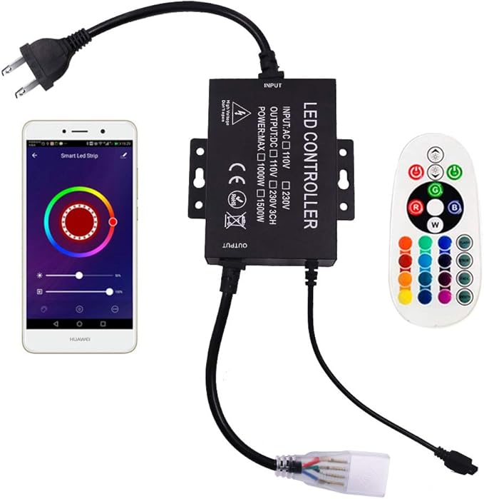 LED Controller, 1500W High-Voltage WiFi Color Changing RGB Controller with IR Remote and Music Time APP Control System for 328Ft/100m AC110-130V LED Tape Rope Strip Lights