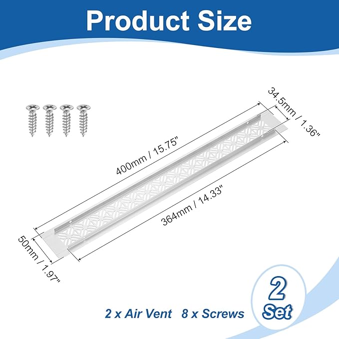 uxcell 2Pcs Aluminum Alloy Air Vents, 400 x 50mm / 15.7 x 2" Rectangle Louvered Ventilation Grille Cover with Mounting Screws for Door Cabinet Wardrobe, Silver