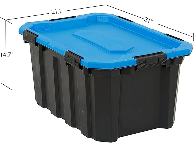 24 Gallon Heavy Duty Water Resistant Storage Bin, Large Plastic Latching Tote with Blue Lid & Black Base, Stackable Container for Garage, Basement & Home Organization