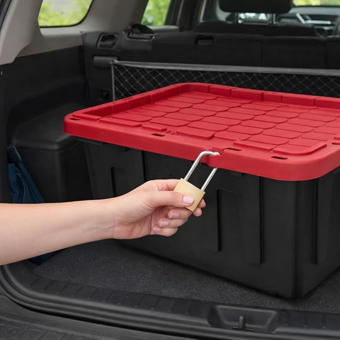 6 Pack, 27 Gallon Large Storage Bin with Snap Lid, Heavy Duty Plastic Storage Container, Black and Red