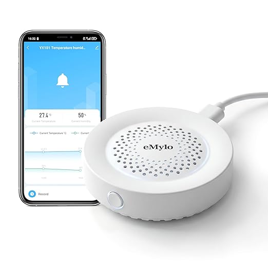 eMylo WiFi Temperature Humidity Sensor with 100dB Siren Alarm, Smart Indoor Thermometer Hygrometer, App Remote Monitoring & Real-Time Alerts for Home, Baby Room, Greenhouse, Wine Cellar
