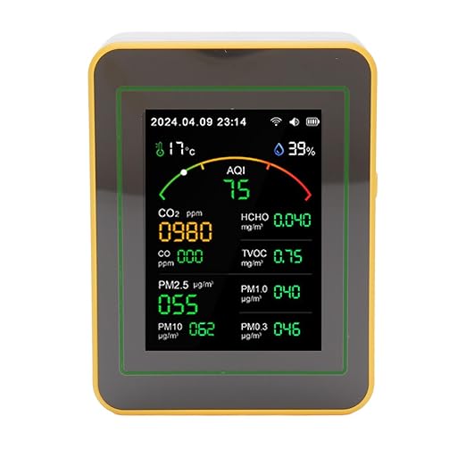 Eujgoov Air Quality Detector, 15 in 1 WiFi APP Control CO2 HCHO TVOC PM2.5 PM10 Temperature Humidity Monitor with Smart Timer and Real Time Data, for Indoor Air Quality Testing (White Yellow)