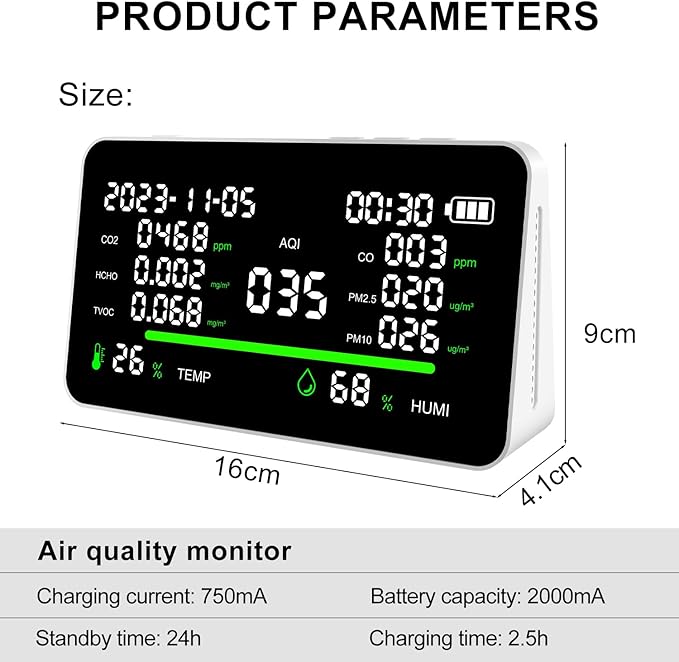 11-in-1 Air Quality Monitor, Indoor CO2/VOC/AQI/PM2.5/Thermometer/Humidity Monitor, Portable Smart Air Quality Meters, Air Quality Tester for Home Office Outdoor, Battery Powered