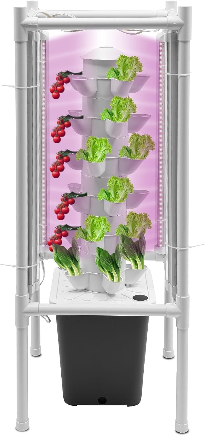 30-Plant Hydroponics Tower Garden Vertical Growing System Kit, Indoor Garden Planter Herb Garden with LED Grow Light and Water Pump, Vertical Planter Germination Kit for Herbs, Fruits and Vegetables