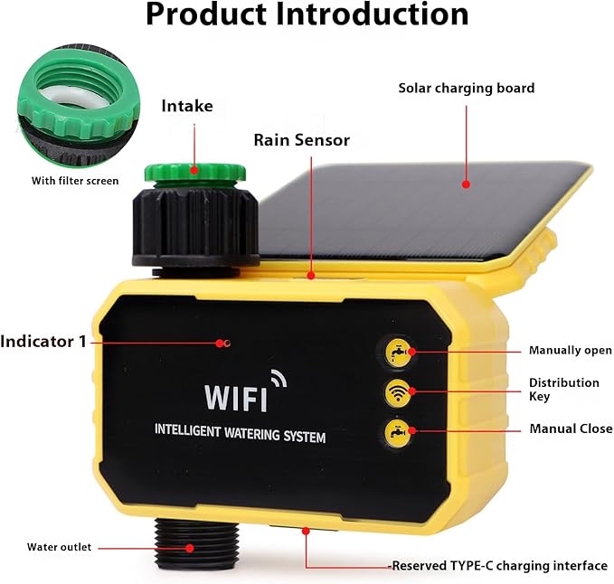 Eujgoov WiFi Solar Sprinkler Timer, Automatic Watering Controller with Rain Sensor and App Control for Villas Balconies Rooftop Gardens