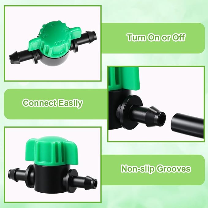 50 Pcs 1/4 Inch Barbed Shut off Valve Drip Irrigation Tubing Coupling Valve Universal Drip Irrigation for 1/4" Tubing Greenhouses Flowers Beds Lawns Farmland(Green,Barbed Shut off Valve)