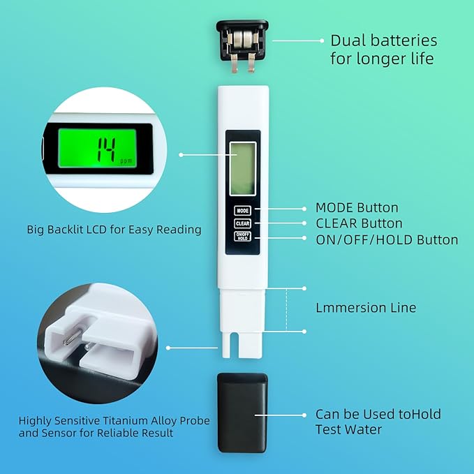 Water Quality Tester, Accurate and Reliable, TDS Meter, EC Meter & Temperature Meter 4 in 1, 0-9990ppm, Ideal Water Test Meter for Drinking Water, Aquariums, etc.