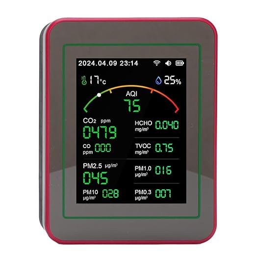 Air Quality Tester 15 in 1 Design 2.8 Inch HD Display CO2 TVOC HCHO PM2.5 Temperature Humidity Timer WiFi Air Quality Detector (Black+Red)