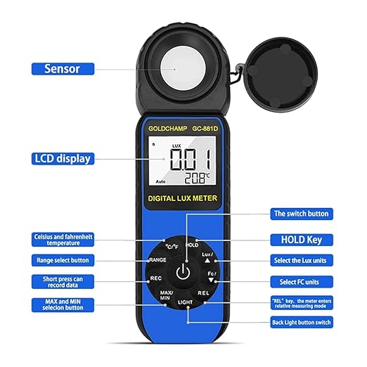 Digital Light Meter, Luxmeter Illuminance Light Meter Measure Lights 0.01~400,000 Lux (0.01~40,000 FC) Foot Candles Luxmeter with 270º Rotated Sensor for Plants LED Lights Indoor Outdoor Light Tester