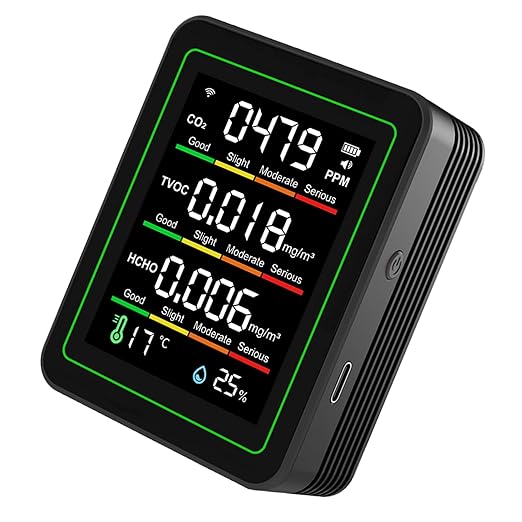 5 in 1 WiFi Air Quality Monitor, Portable Air Quality Tester, Smart Sensor with APP Remote Control & Color Screen, Ideal for CO2, HCHO, TVOC, Temperature & Humidity
