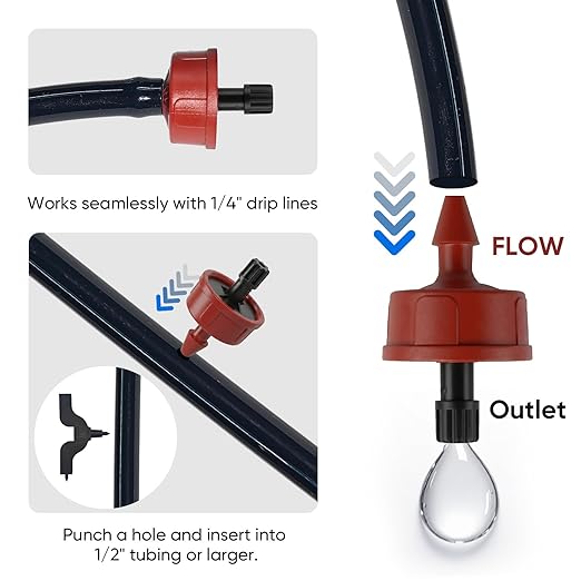 1 GPH Pressure Compensating Drippers for Garden System: Self-Cleaning Constant Flow Drippers for 1/4 Inch Drip Irrigation Tubing - Drip Irrigation Emitters for Drip Irrigation System Users (60pcs)