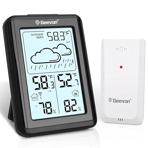 Geevon Indoor Outdoor Thermometer Wireless 200ft/60m, Digital Temperature Humidity Monitor with Large Display, Hygrometer with Weather, 3 Channel, Mold/Dew/Heat, 10s Backlight