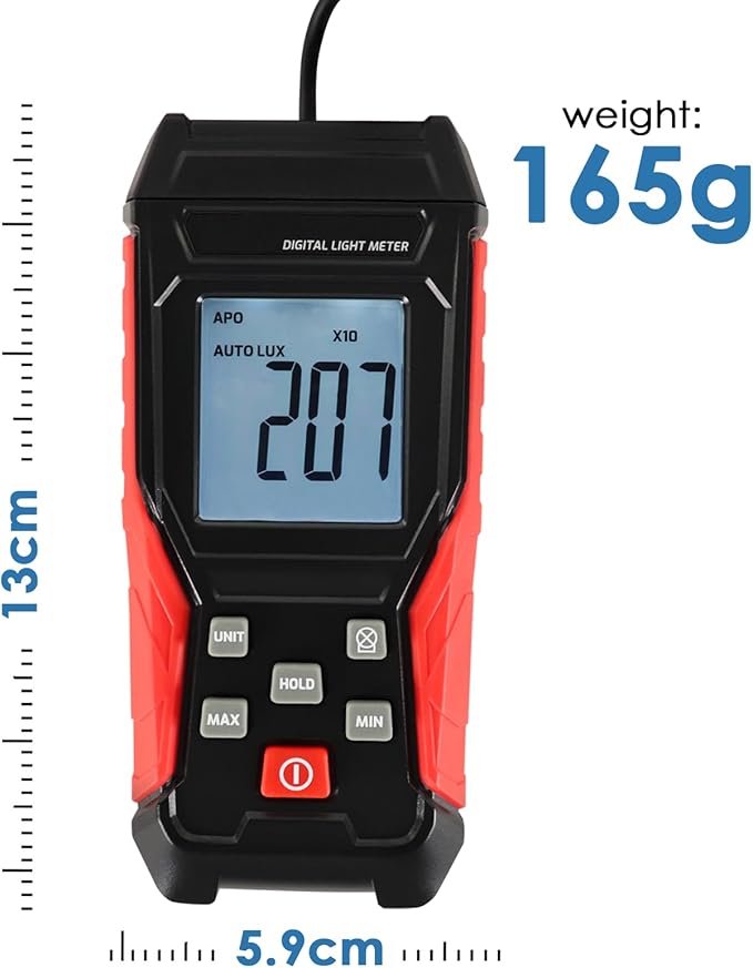 Digital Lux Meter Light Meter Illuminance Meter 200000LUX Wide Measurement Range Lux Meter with Auto Select, Max/Min Reading, LUX/FC Options Photometer Light Measurement Tool for indoor Outdoor Plants