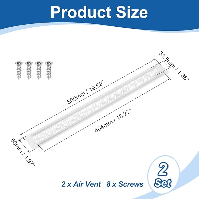 uxcell 2Pcs Aluminum Alloy Air Vents, 500 x 50mm / 19.7 x 2" Rectangle Louvered Ventilation Grille Cover with Mounting Screws for Door Cabinet Wardrobe, White