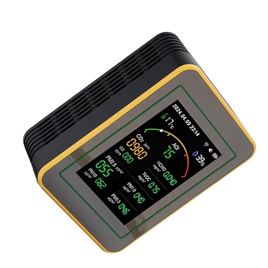 Eujgoov Air Quality Detector, 15 in 1 WiFi APP Control CO2 HCHO TVOC PM2.5 PM10 Temperature Humidity Monitor with Smart Timer and Real Time Data, for Indoor Air Quality Testing (Black Yellow)