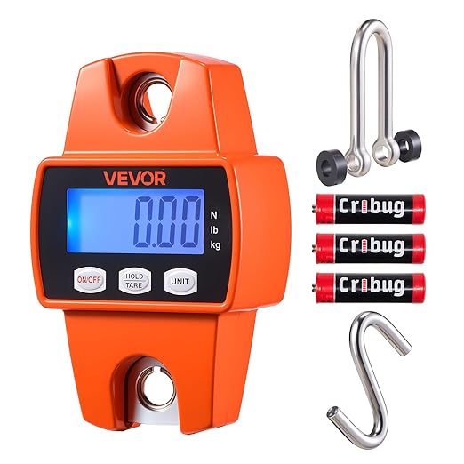 VEVOR Digital Crane Scale, 660 lbs/300 kg, Industrial Heavy Duty Hanging Scale with Cast Aluminum Case & LCD Screen, Handheld Mini Crane with Hooks for Farm, Hunting, Fishing, Outdoor, Garage (Orange)