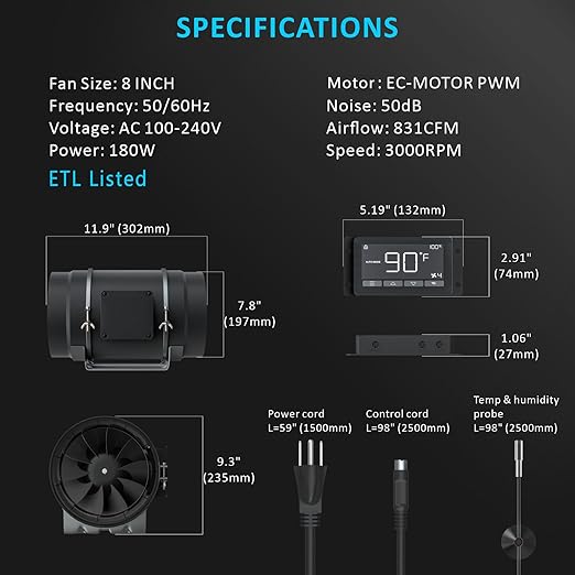 Toolazy 8 Inch Inline Duct Fan with WiFi App Control, 831 CFM Quiet EC Motor Ventilation Fan with Temperature Humidity Sensor, Smart Exhaust Fan for Large Grow Tent, Hydroponics, HVAC, Commercial Use