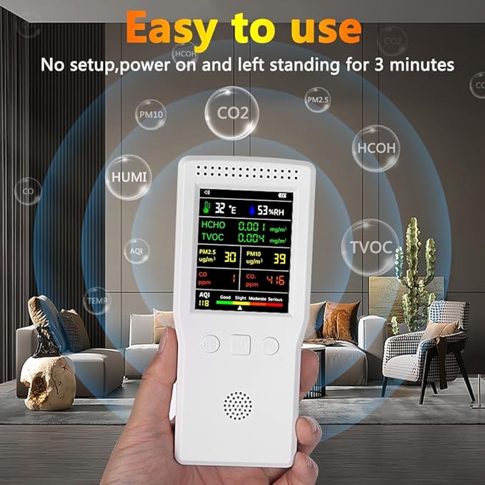 9-in-1 Air Quality Monitor Indoor,Portable PM2.5,PM10,AQI,CO2,CO,TVOC,HCHO,Humidity & Temperature Detector,Real Time Monitoring,Large Display with Voice Alert,Home Air Test Kits (White)