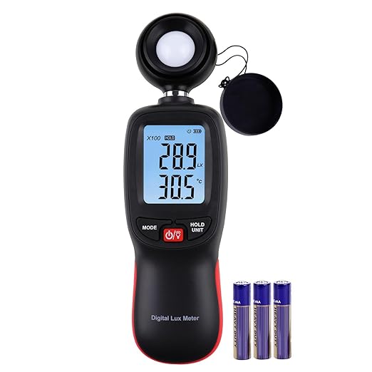 Lux Meter with Data Record, Digital Light Meter Illuminance Meter, Backlight Lux Temperature Meter 0~200,000 Measurement Range Lux/FC Unit MAX/MIN/Hold Function