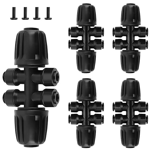 Kalolary 5PCS 1/2'' to 1/4'' Barbed Tee Quick Connectors, Push-to-Fit 6 Way Drip Irrigation Fittings with 4PCS Plugs Anti-Leak Drip Irrigation Part for 1/2" Irrigation Tubing Garden Watering System