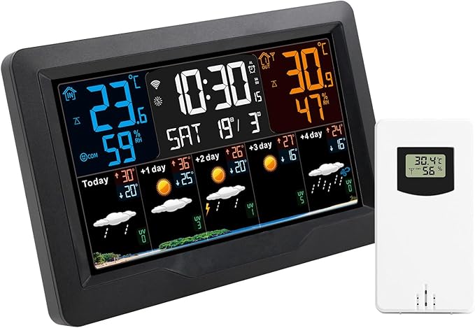 Smart Weather Station Clock, Large Color Screen Weather Clock with Indoor/Outdoor Temperature & Humidity Remote Sensor, for Monitoring Temperature, Humidity & 5-Day Forecasts