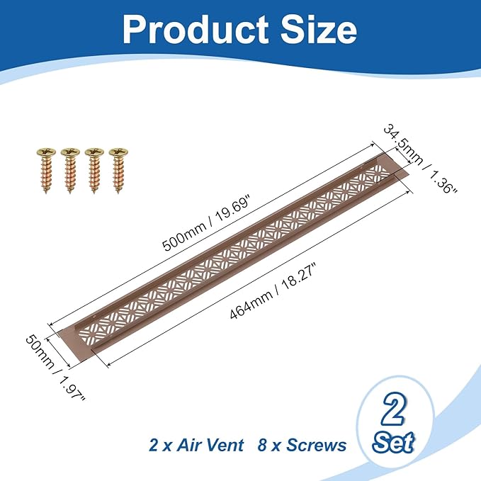 uxcell 2Pcs Aluminum Alloy Air Vents, 500 x 50mm / 19.7 x 2" Rectangle Louvered Ventilation Grille Cover with Mounting Screws for Door Cabinet Wardrobe, Brown