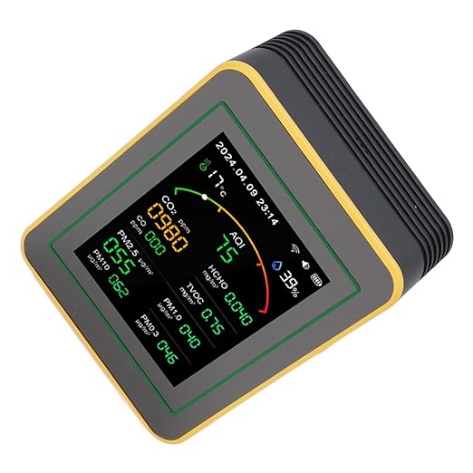 Eujgoov Air Quality Detector, 15 in 1 WiFi APP Control CO2 HCHO TVOC PM2.5 PM10 Temperature Humidity Monitor with Smart Timer and Real Time Data, for Indoor Air Quality Testing (Black Yellow)