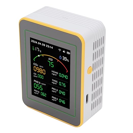 Eujgoov Air Quality Detector, 15 in 1 WiFi APP Control CO2 HCHO TVOC PM2.5 PM10 Temperature Humidity Monitor with Smart Timer and Real Time Data, for Indoor Air Quality Testing (White Yellow)