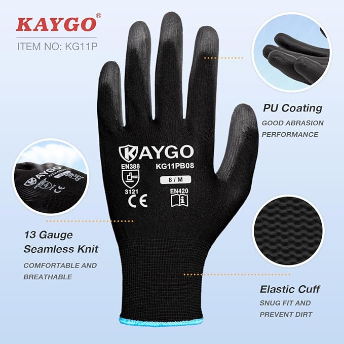 KAYGO Work Gloves for Men and Women,60 Pairs Seamless Knit PU Coated Safety Gloves, with Smooth Grip on Palm and Fingers, Ideal for Light Warehouse, Manufacturing, Gardening, KG11P (M, Black)