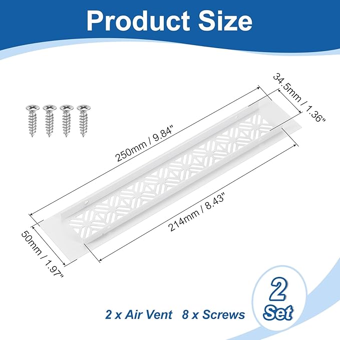 uxcell 2Pcs Aluminum Alloy Air Vents, 250 x 50mm / 9.8 x 2" Rectangle Louvered Ventilation Grille Cover with Mounting Screws for Door Cabinet Wardrobe, White