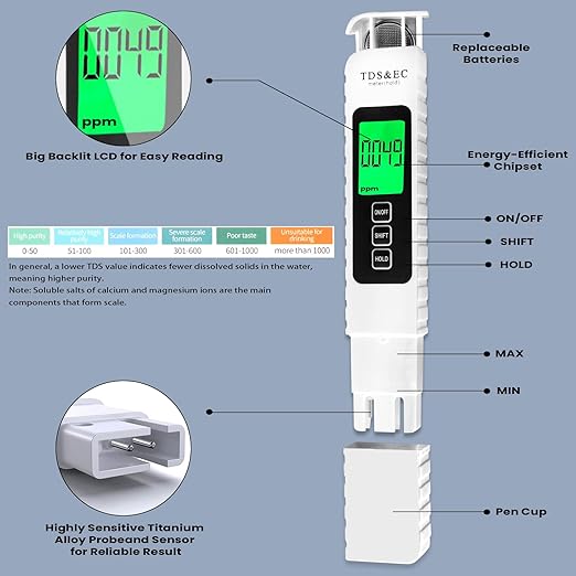 Water Quality Tester,Reliable and Accurate,3 in 1 TDS Meter,0-9990 PPM Meter,EC & Temperature Meter, Portable Water Tester for Digital Water Tester,Professional Testing for Drinking Water