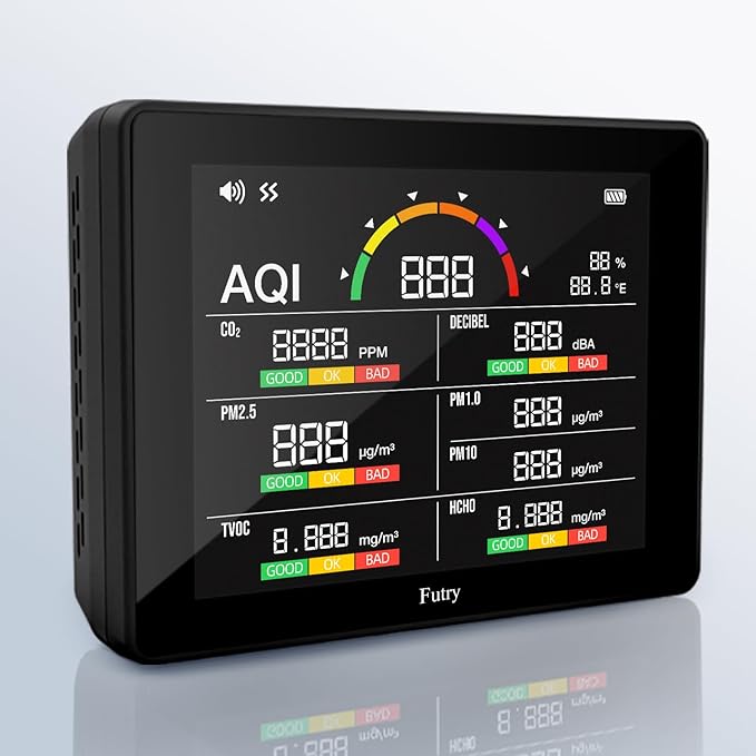 15-in-1 Air Quality Monitor Indoor with CO2 Detector & Decibel Meter - Professional PM2.5/1.0/10, TVOC, HCHO, Temp/Humidity, Noise, CO2 Monitor, 6-Level Air Quality with 3-Color Alerts, Rechargeable