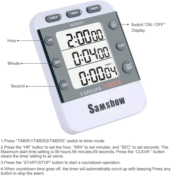 (2 Pack) Digital Kitchen Timers for Cooking Triple Timer Count UP/Down Dual Timer Large LCD Display, Adjustable Volume Loud Alarm, Magnetic Stopwatch, Battery Included White
