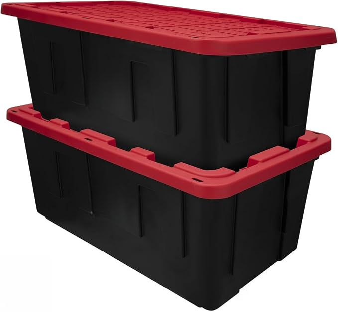 (2-Pack) 40 Gallon Extra Large Storage Bin with Snap Lid, Heavy Duty Black and Red Plastic Container