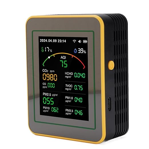 Eujgoov Air Quality Detector, 15 in 1 WiFi APP Control CO2 HCHO TVOC PM2.5 PM10 Temperature Humidity Monitor with Smart Timer and Real Time Data, for Indoor Air Quality Testing (Black Yellow)