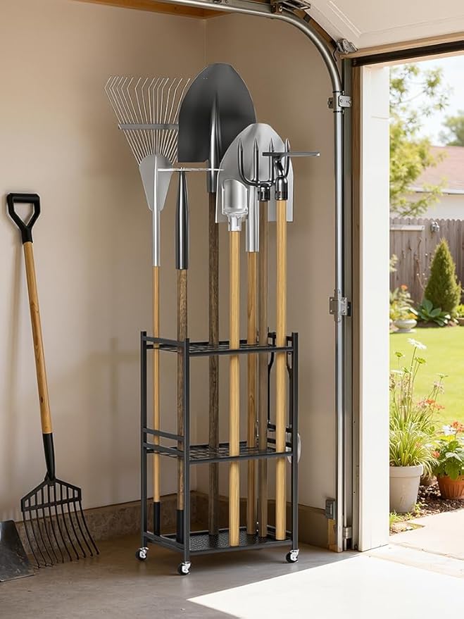 Garden Garage Tool Organizer 35-Slot with Wheels, Adjustable Feet Yard Tool Rack for Shovels, Rakes, Brooms and Cleaning Equipment Black