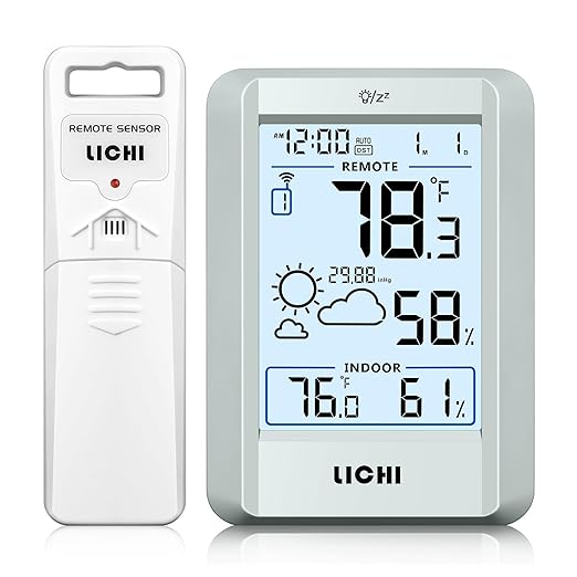 Indoor Outdoor Thermometer Wireless Weather Station External Thermometer Hygrometer Monitor with 330ft Range Remote Sensor, Battery Operated Backlit Display (Grey)
