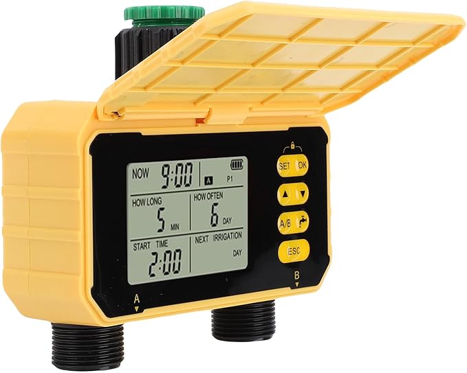 Solar Panel Sprinkler Timer, Double Outlet Smart Water Timer with Rain Sensor, Automatic Watering Valve Irrigation Controller System for Garden Hose Lawns Yard