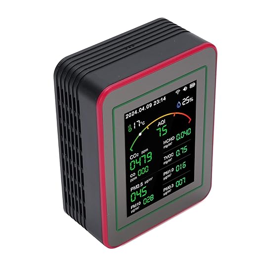 Air Quality Tester 15 in 1 Design 2.8 Inch HD Display CO2 TVOC HCHO PM2.5 Temperature Humidity Timer WiFi Air Quality Detector (Black+Red)