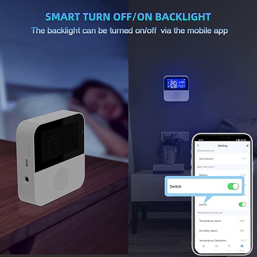 WiFi Temperature Humidity Monitor: Digital Thermometer Hygrometer with Brightness Sensor, Backlit Screen, Buzzer Alarm & App Alerts, Smart Temperature Humidity Sensor Compatible with Alexa