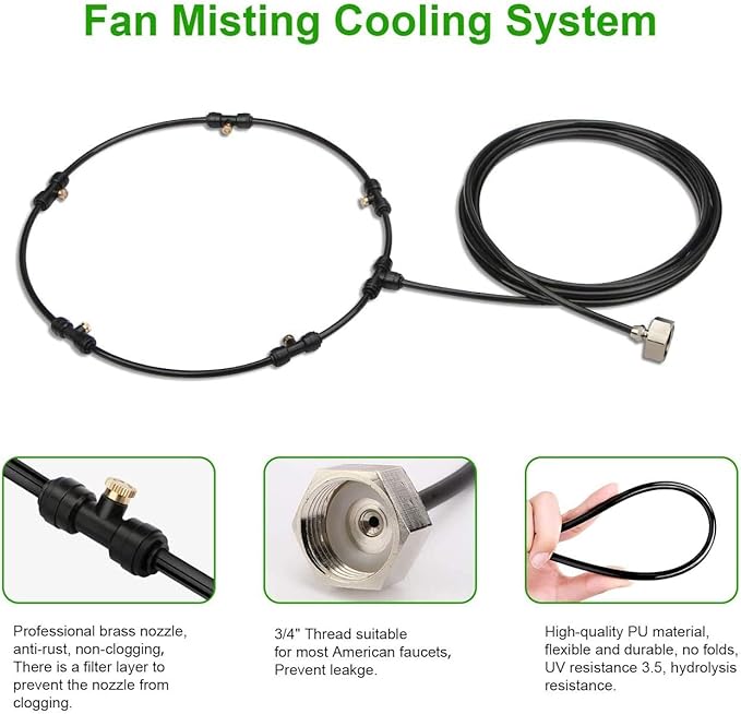 Outdoor Misting Fan Kit for a Cool Patio Breeze,Water Mister Spray for Cooling Outdoor,32FT (10M) Misting Line + 5 Brass Mist Nozzles + a Brass Adapter(3/4) Fit to Any Outdoor Fan