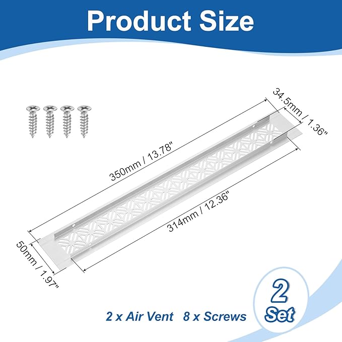 uxcell 2Pcs Aluminum Alloy Air Vents, 350 x 50mm / 13.8 x 2" Rectangle Louvered Ventilation Grille Cover with Mounting Screws for Door Cabinet Wardrobe, Silver