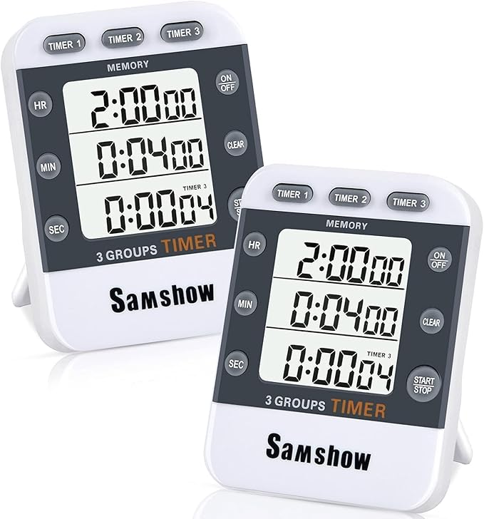(2 Pack) Digital Kitchen Timers for Cooking Triple Timer Count UP/Down Dual Timer Large LCD Display, Adjustable Volume Loud Alarm, Magnetic Stopwatch, Battery Included White