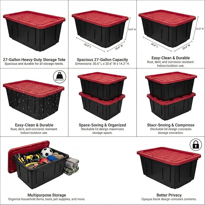 27 Gallon Heavy Duty Storage Bins with Lids – Stackable Industrial Plastic Totes for Garage Organization, Moving, and Attic Storage – Lockable Snap-Fit Container, Black/Red (2 Pack)